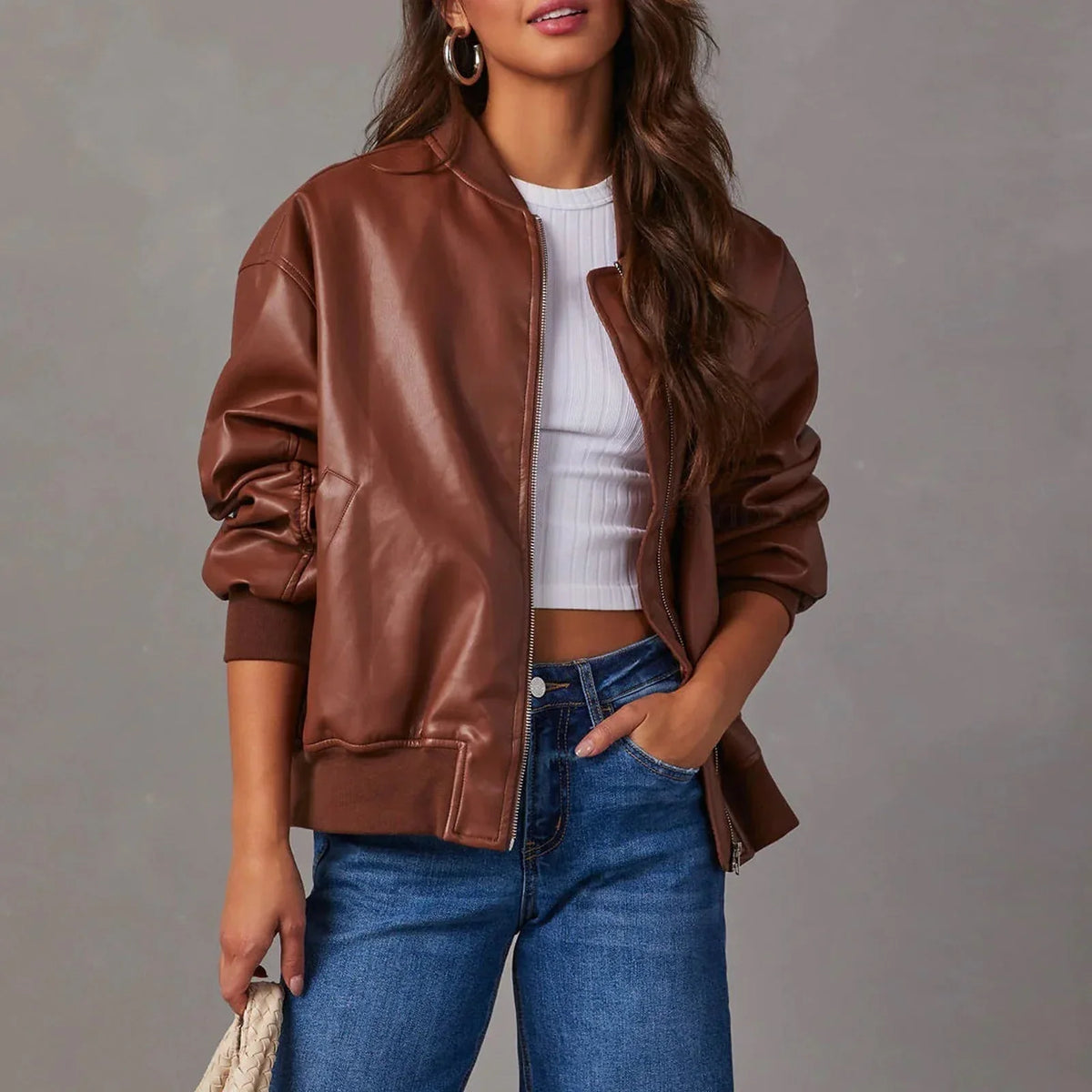 Blouson aviateur oversize pour femme, aspect cuir