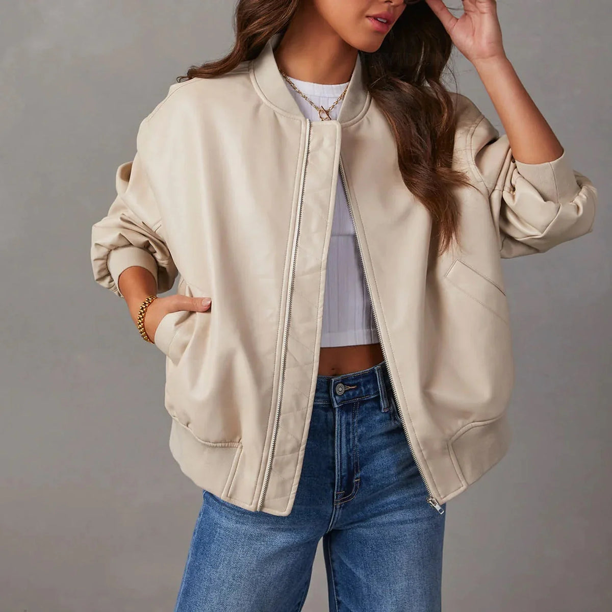 Blouson aviateur oversize pour femme, aspect cuir