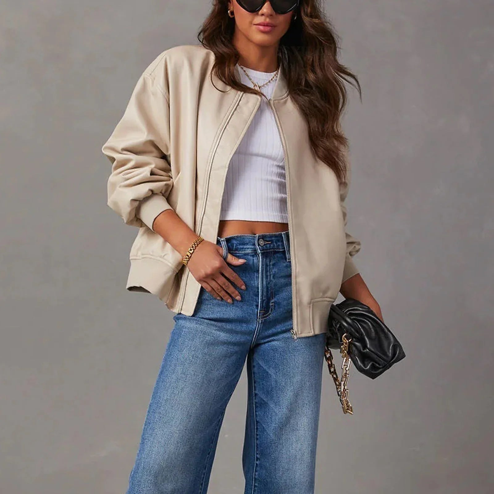 Blouson aviateur oversize pour femme, aspect cuir