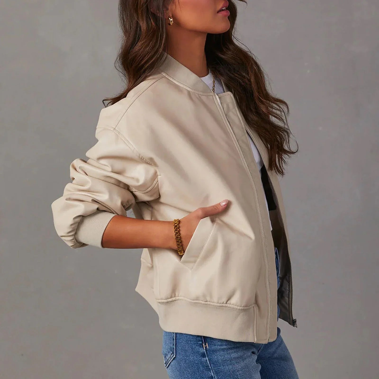 Blouson aviateur oversize pour femme, aspect cuir