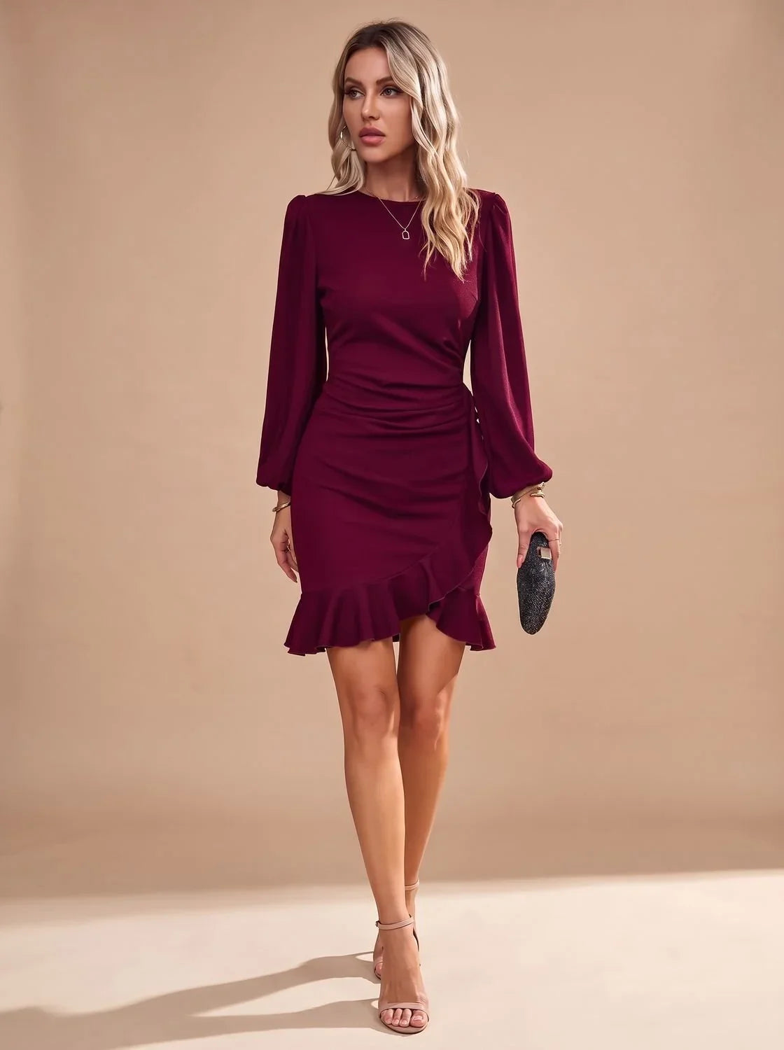 Robe de soirée de Noël femme | Mini-robe à manches longues et ourlet volanté
