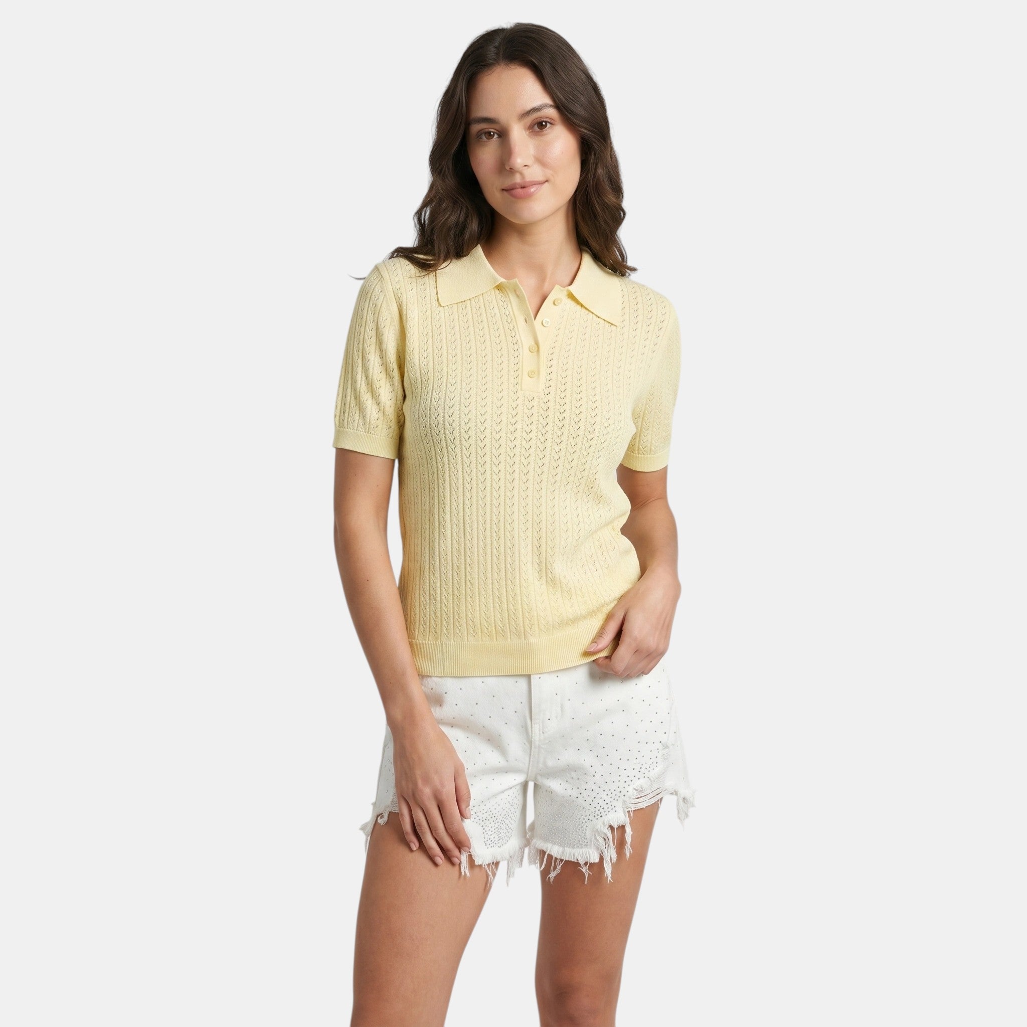 Pointelle Knit Polo Top with Button Placket