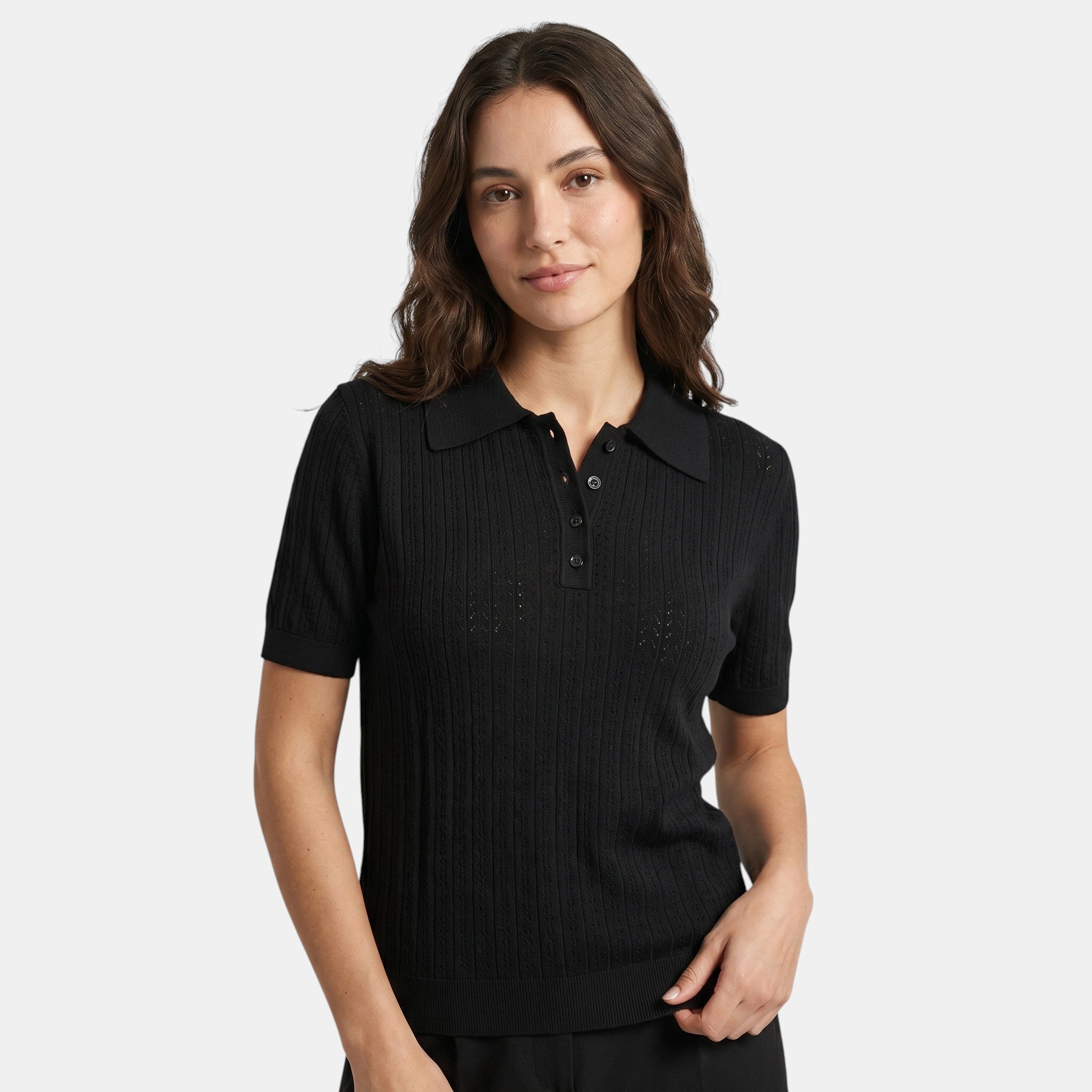 Pointelle Knit Polo Top with Button Placket