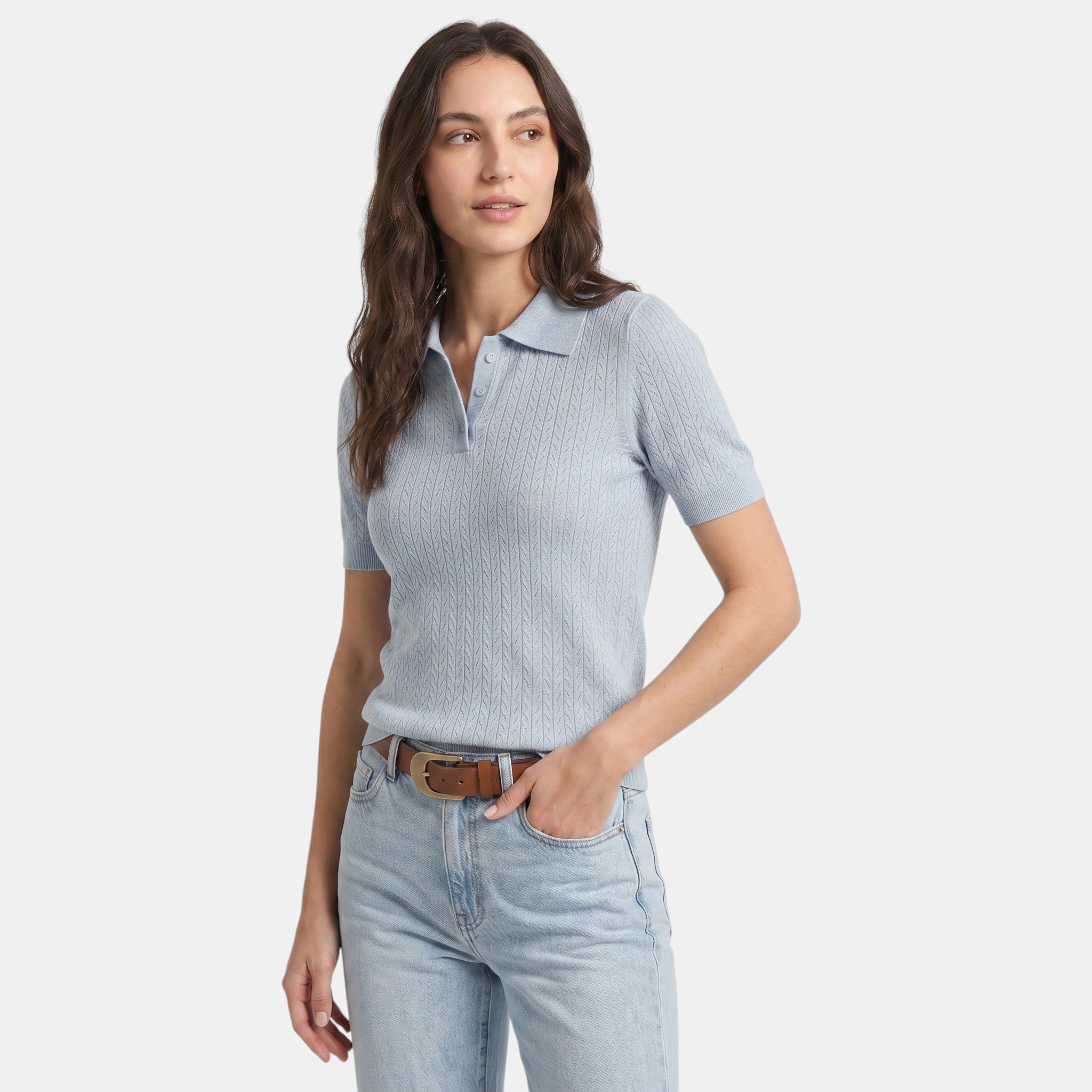Pointelle Knit Polo Top with Button Placket