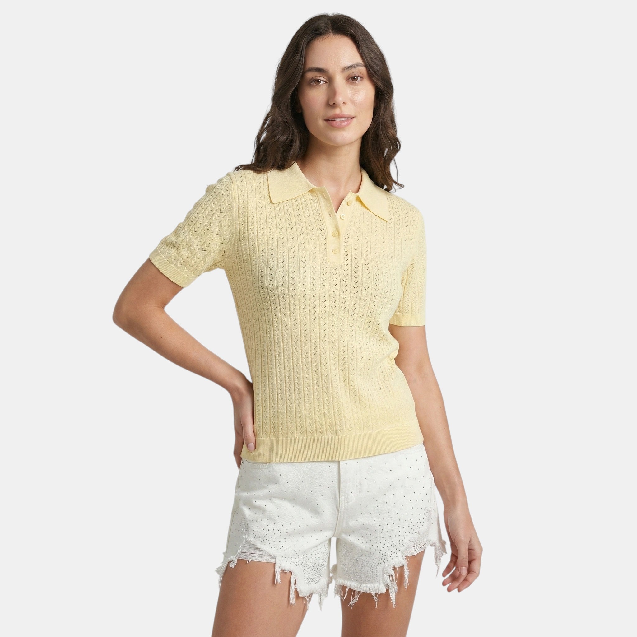 Pointelle Knit Polo Top with Button Placket
