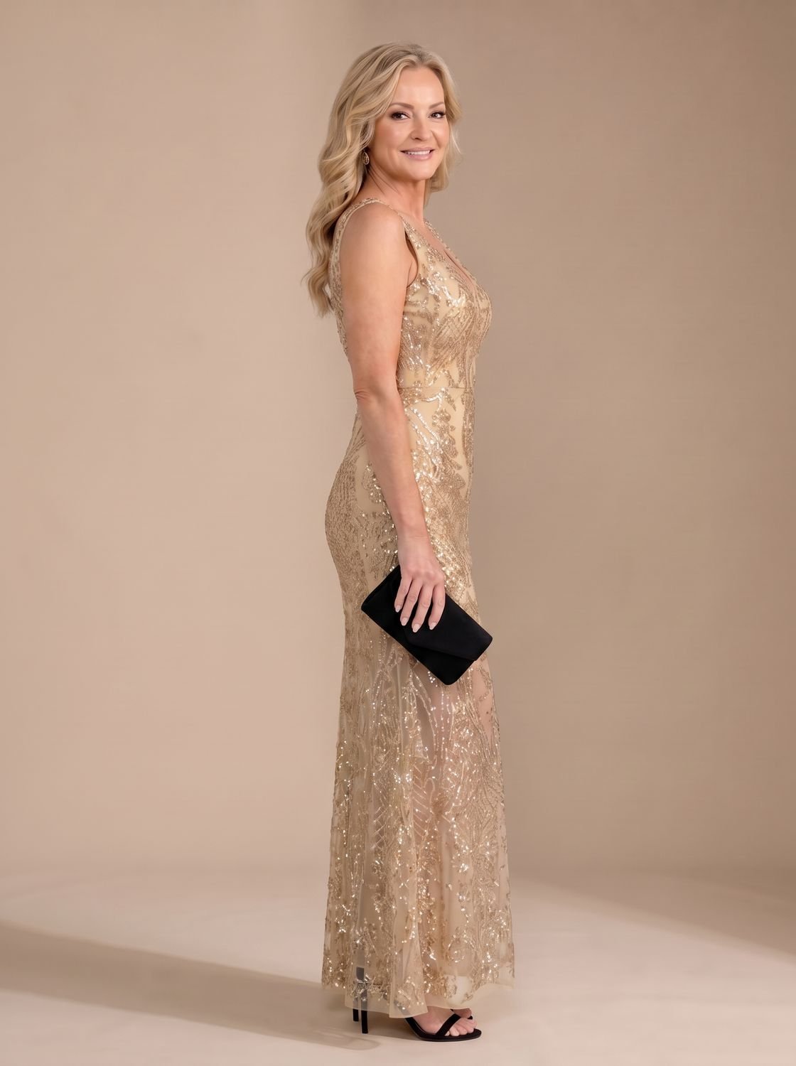Robe de soirée longue à sequins pour femme | décolleté en V et ourlet transparent