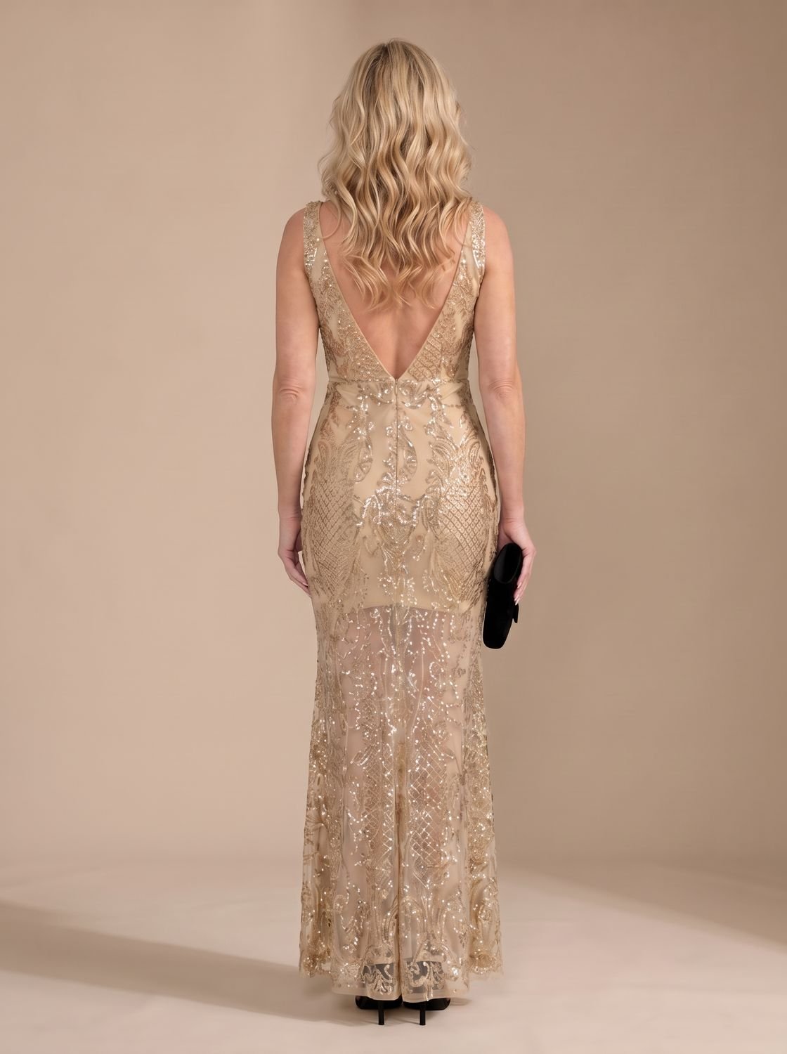 Robe de soirée longue à sequins pour femme | décolleté en V et ourlet transparent