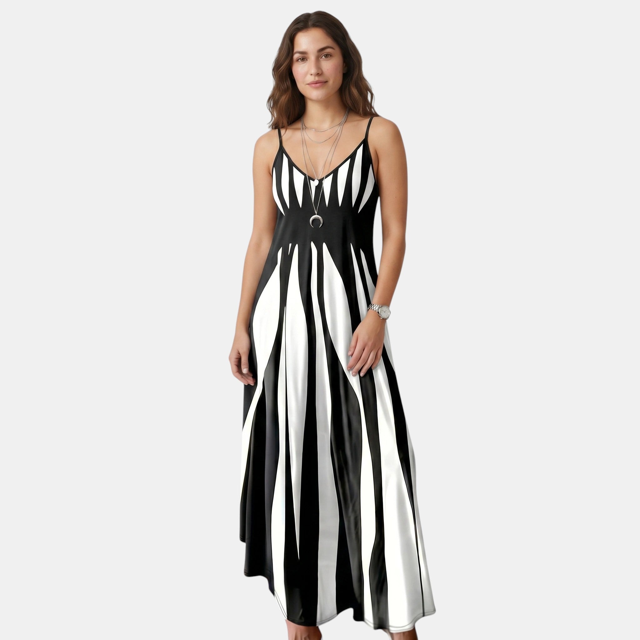 Striped Maxi Dress with V-Neck and Adjustable Straps