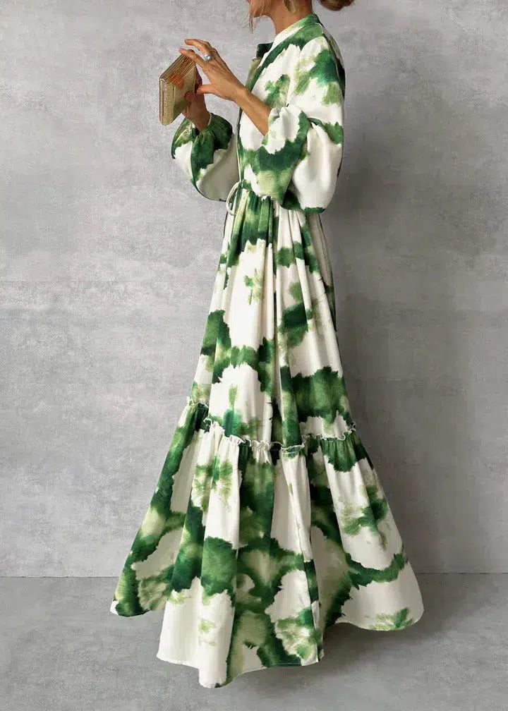Women's Green Print Maxi Dress with Tie Waist