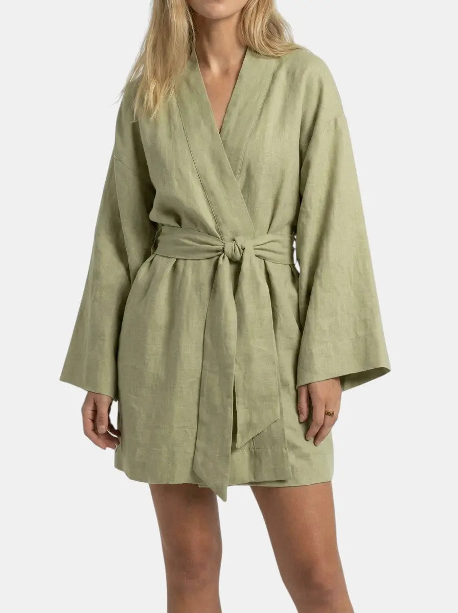 Linen Kimono Dress with Wide Sleeves and Tie Waist