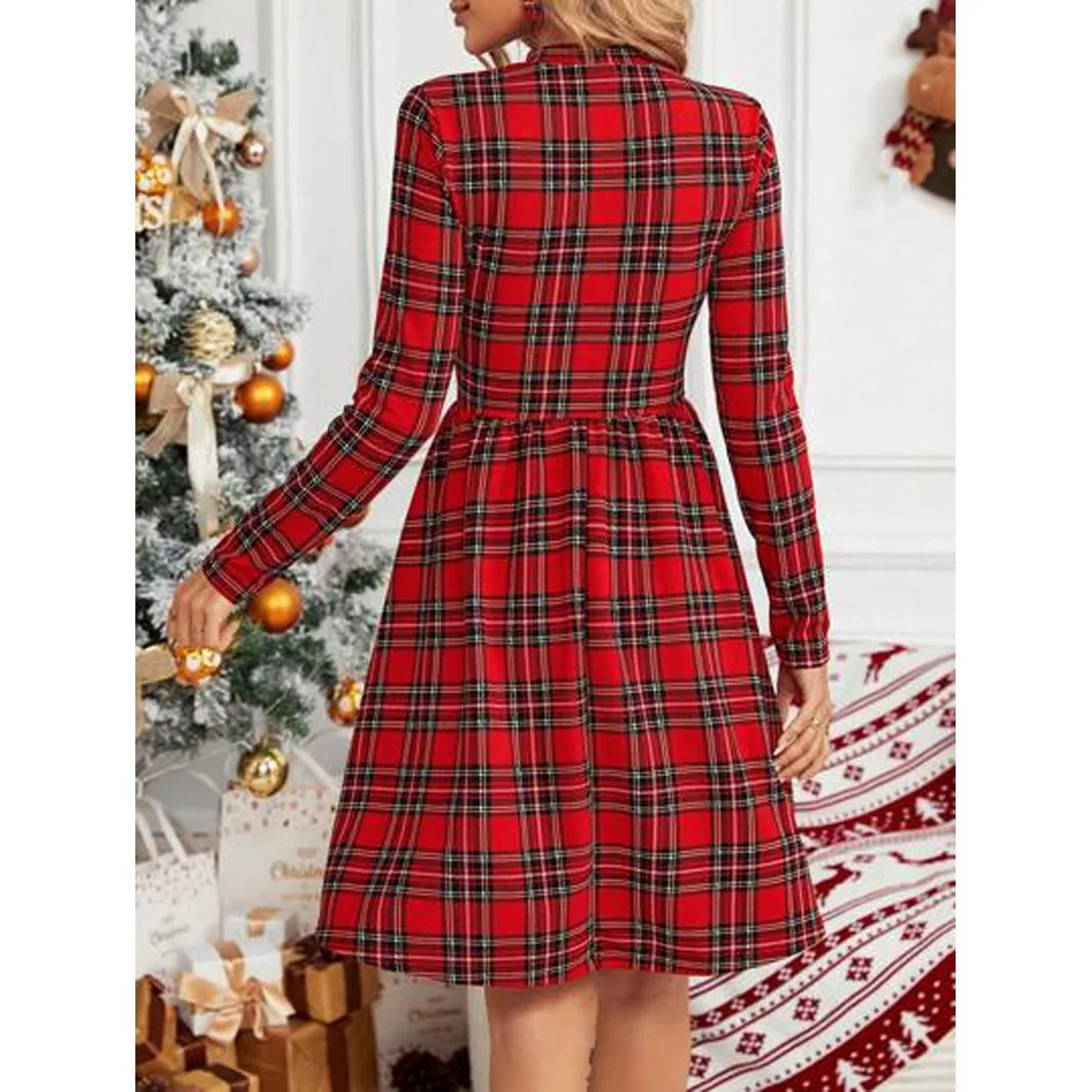 Robe de Noël à carreaux rouges pour femme | Robe midi à col montant