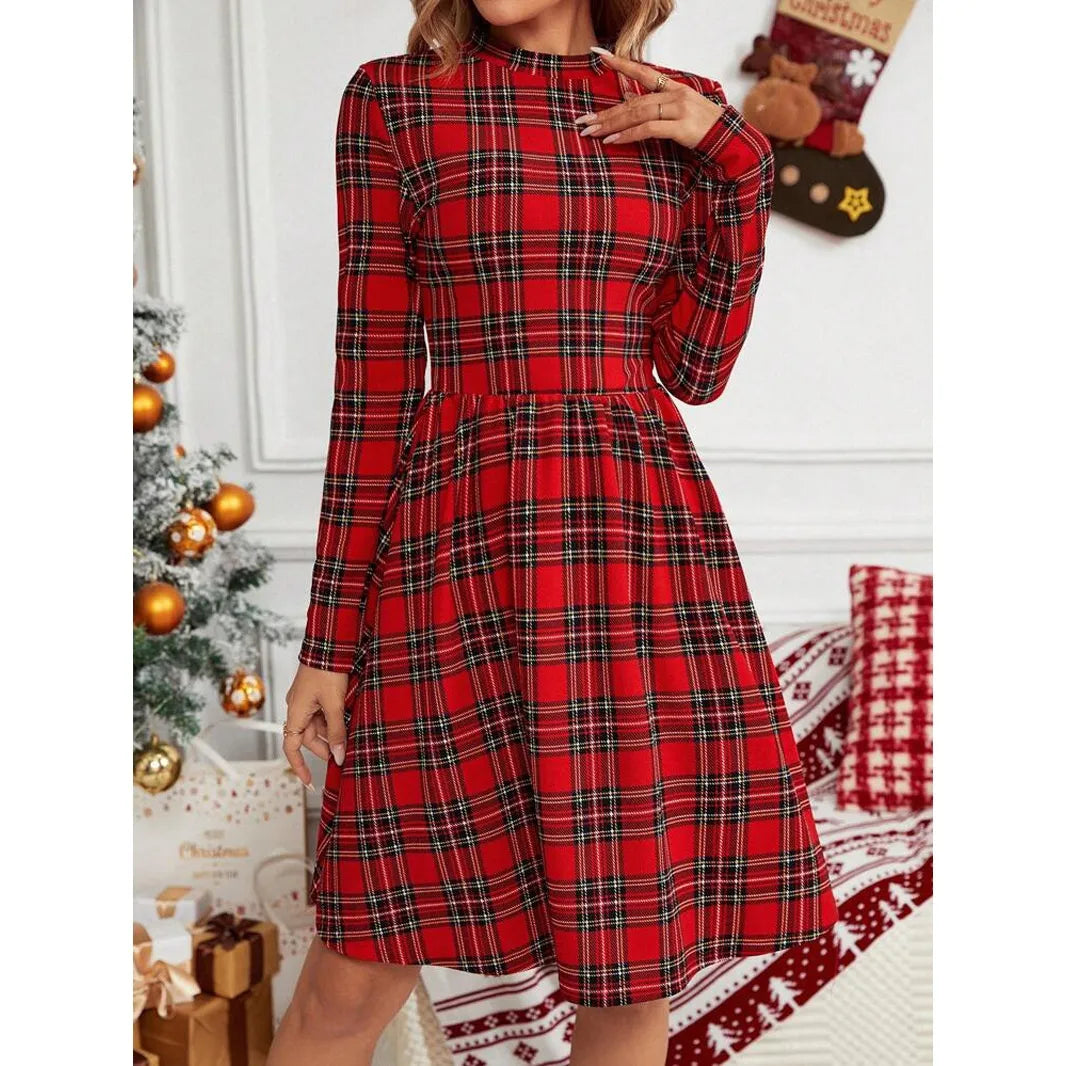 Robe de Noël à carreaux rouges pour femme | Robe midi à col montant