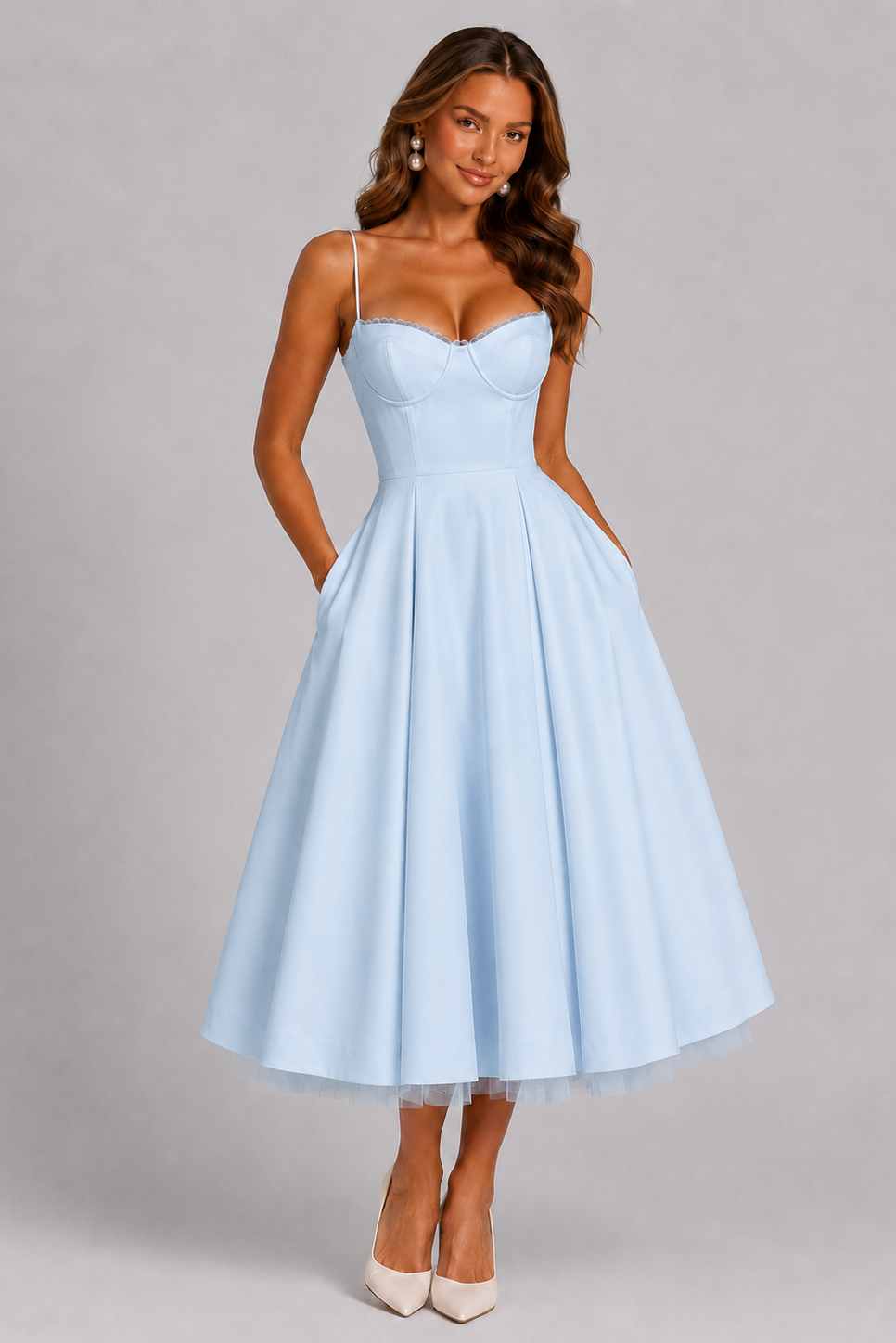 Satin Midi Dress with Sweetheart Neckline and Full Skirt