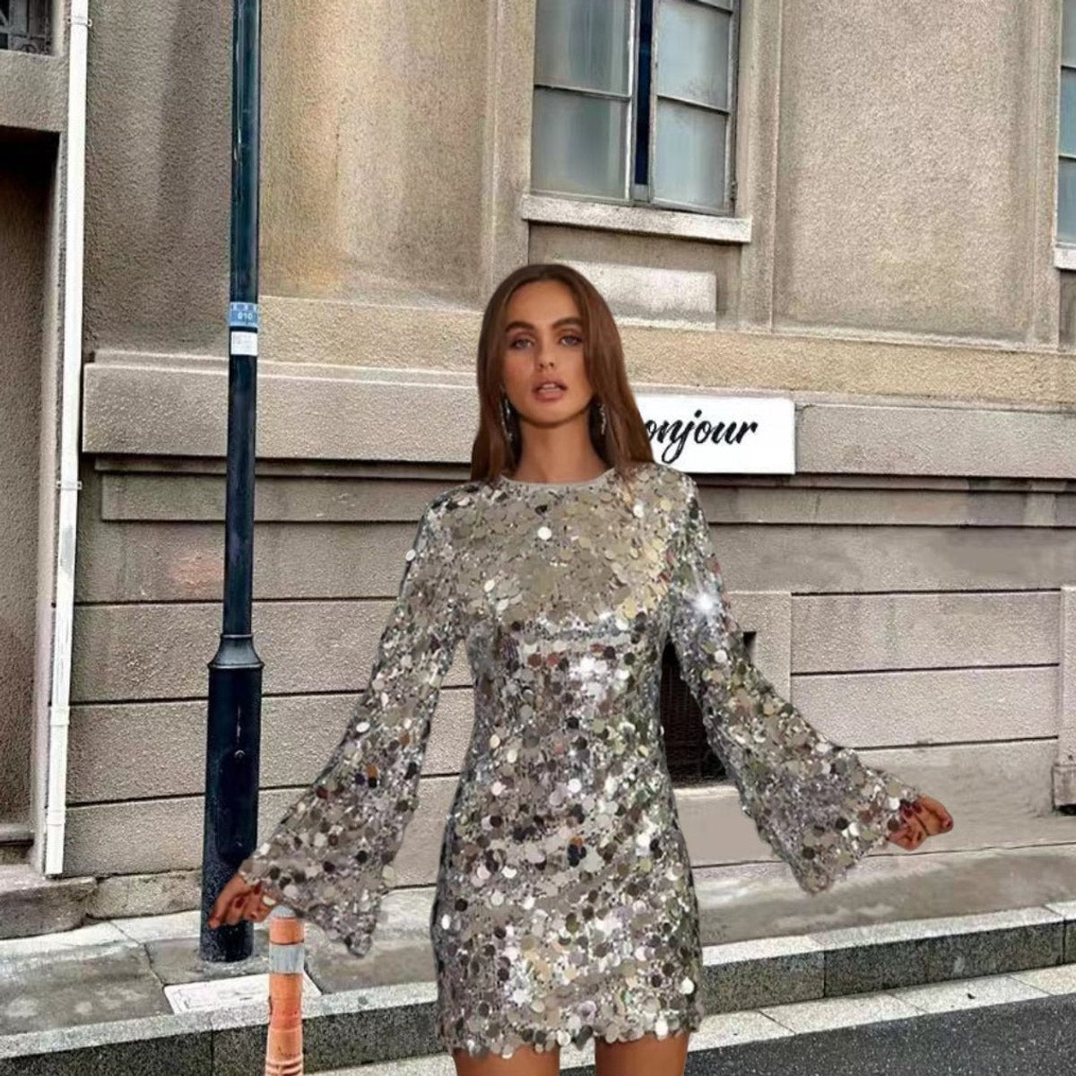 Mini-robe à sequins femme | Robe de soirée moulante à manches longues