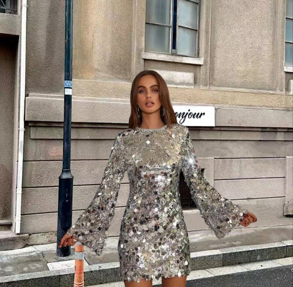Mini-robe à sequins femme | Robe de soirée moulante à manches longues