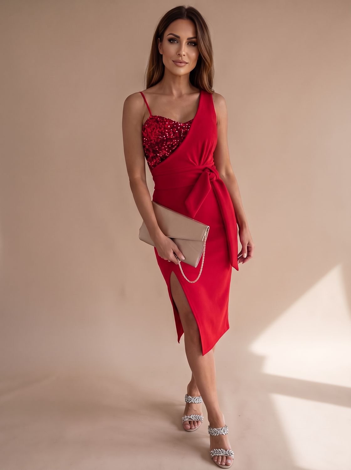 Women's Sequin Midi Dress with Tie Waist