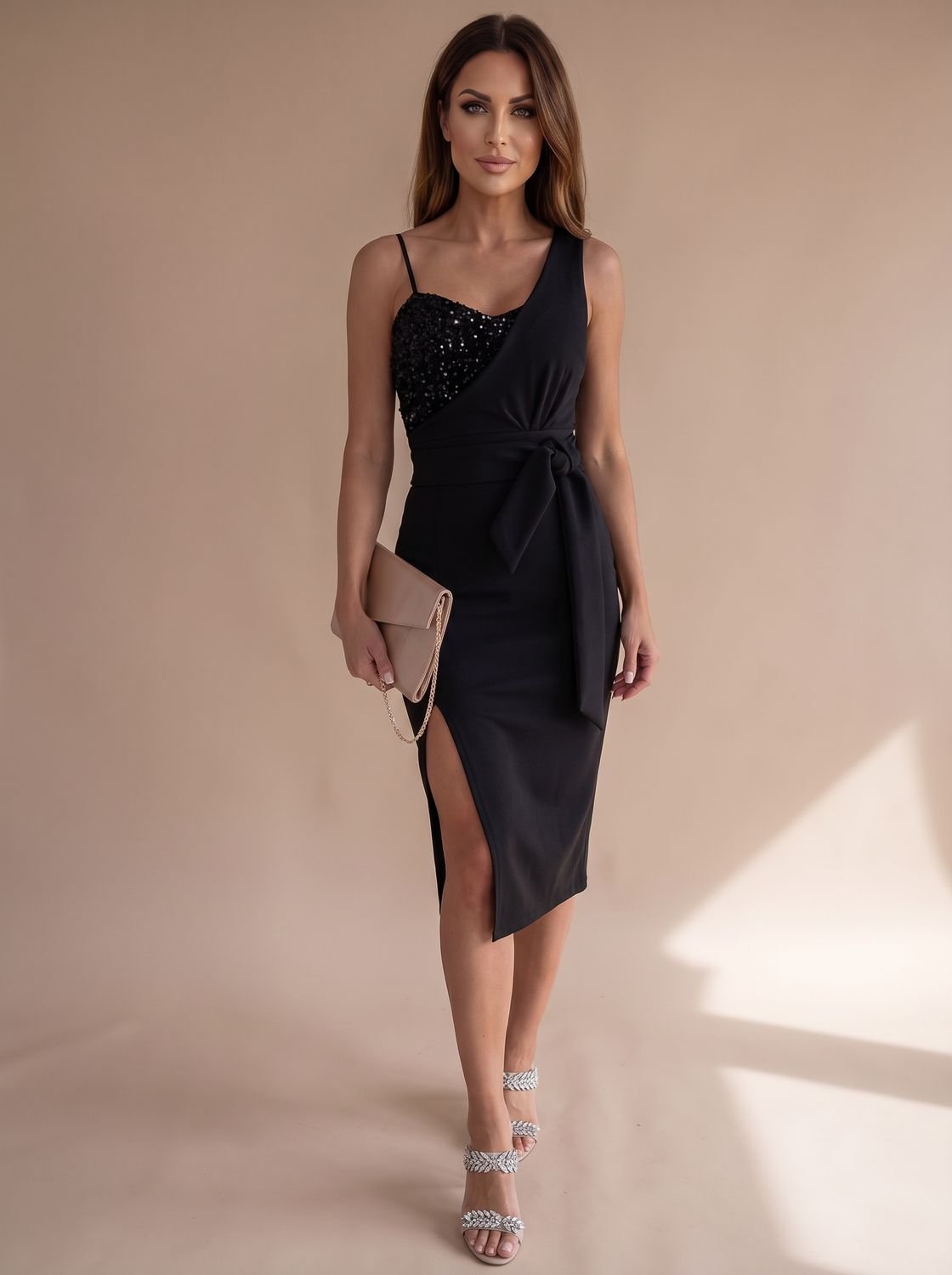 Women's Sequin Midi Dress with Tie Waist