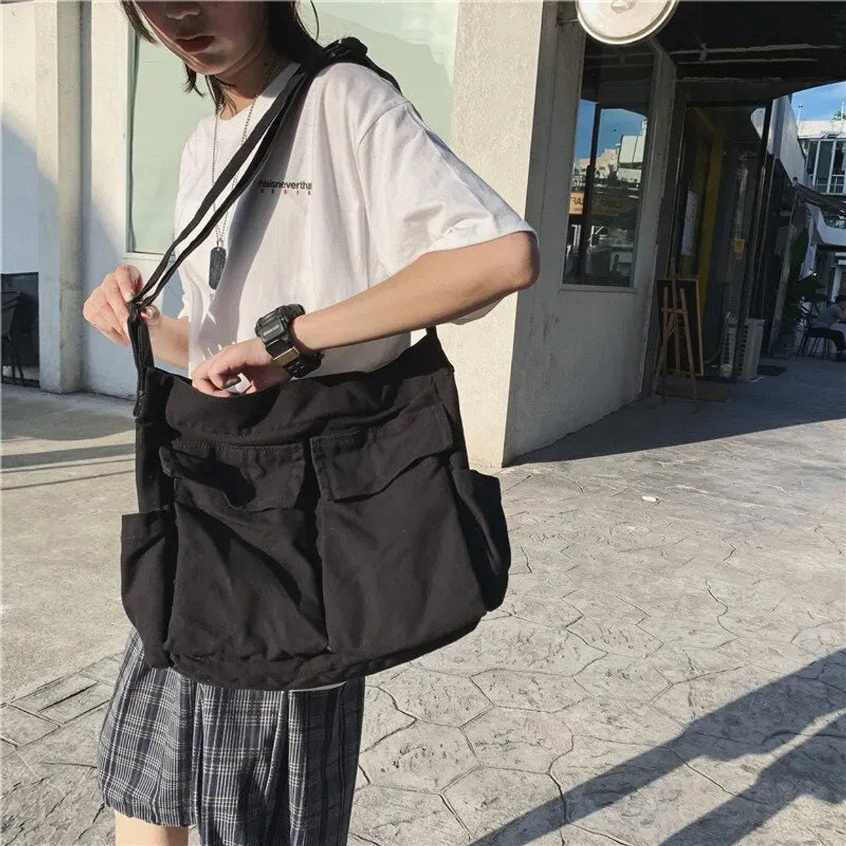 Women's Vintage Canvas Shoulder Tote Bag with Multiple Pockets