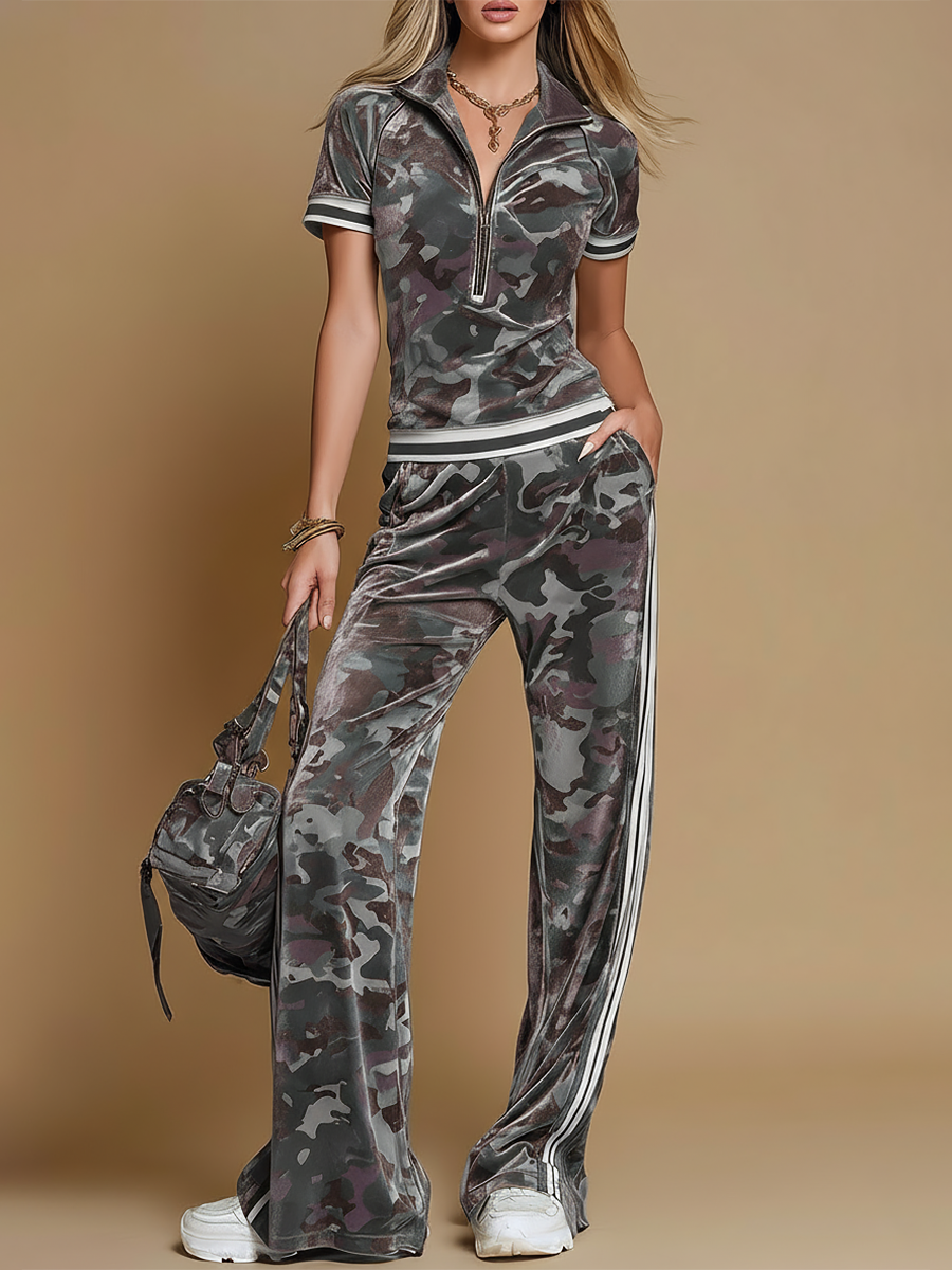 Ensemble de survêtement deux pièces pour femme à imprimé camouflage avec pantalon à jambes larges
