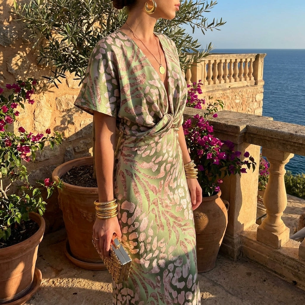 Satin Midi Dress with Twist-Front Detail and Cap Sleeves