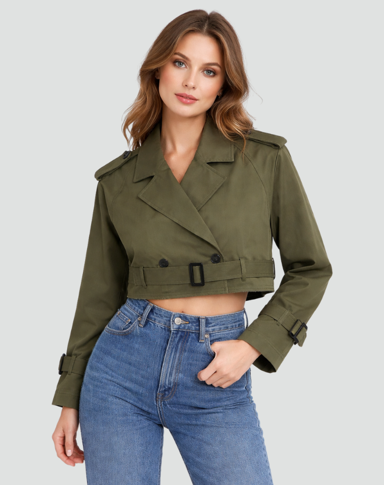 Women's Cropped Double-Breasted Trench Jacket with Belt