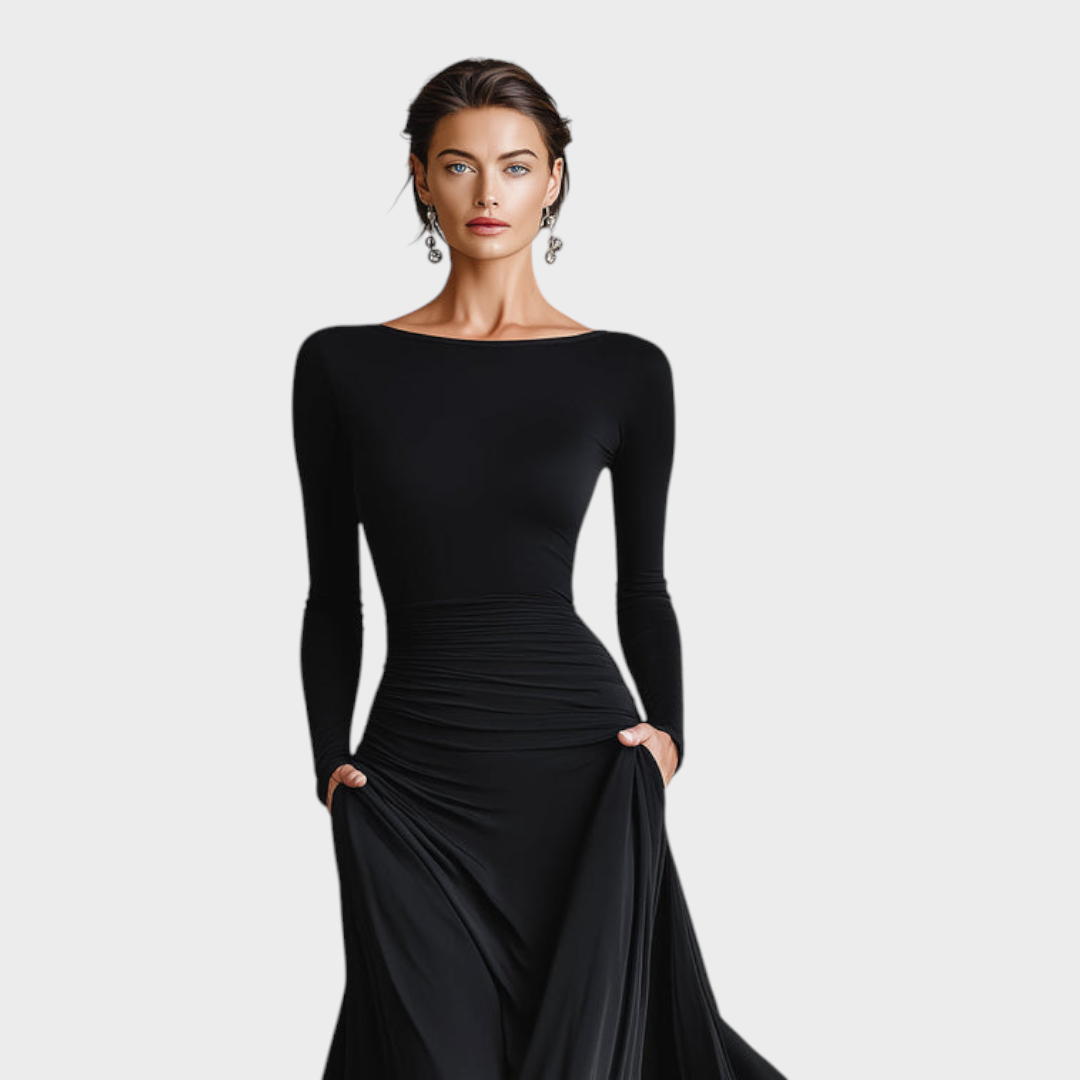 Women's Long Sleeve Ruched Waist Maxi Dress