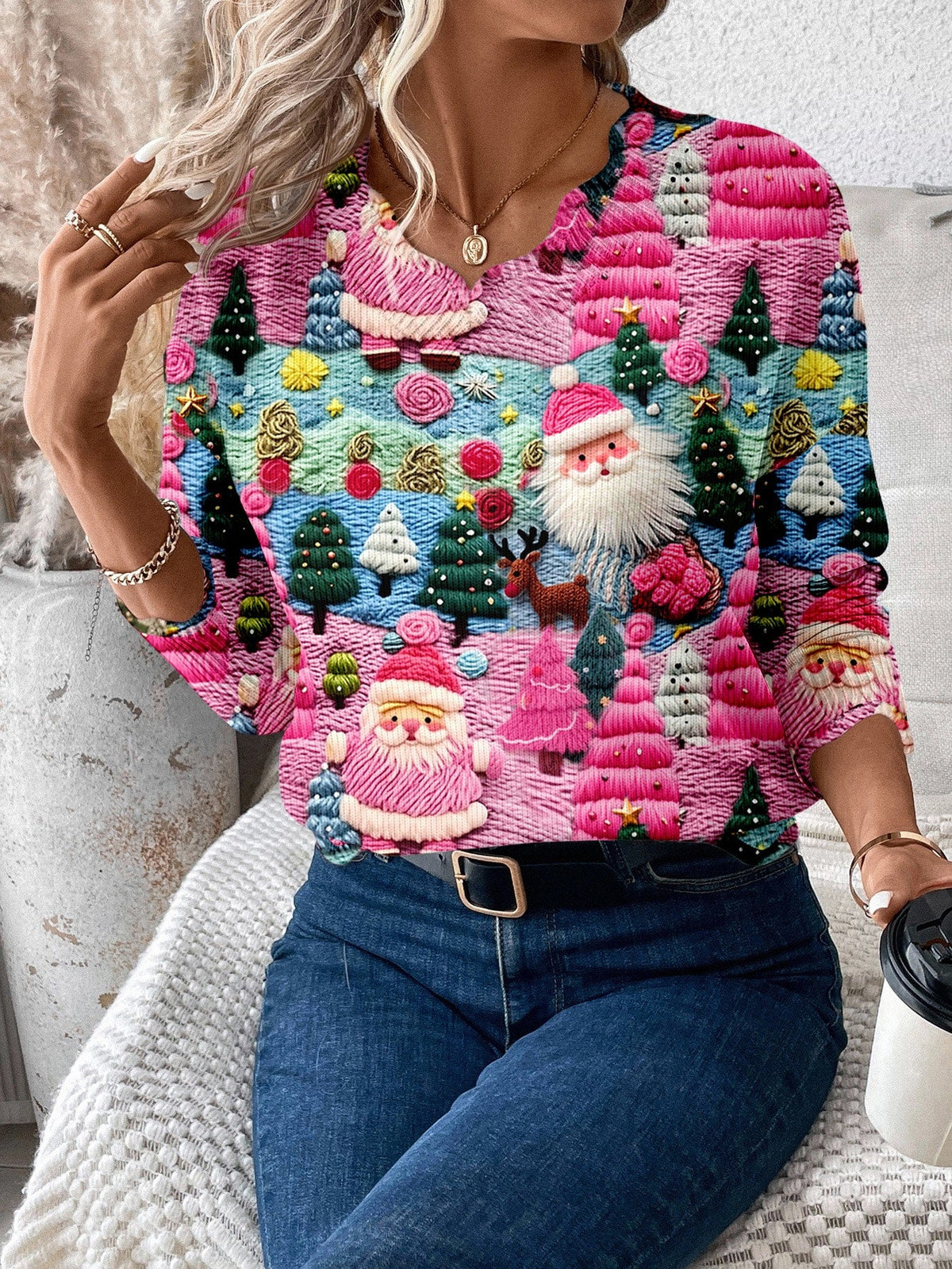 Pull de Noël pour femme avec motif festif du père Noël