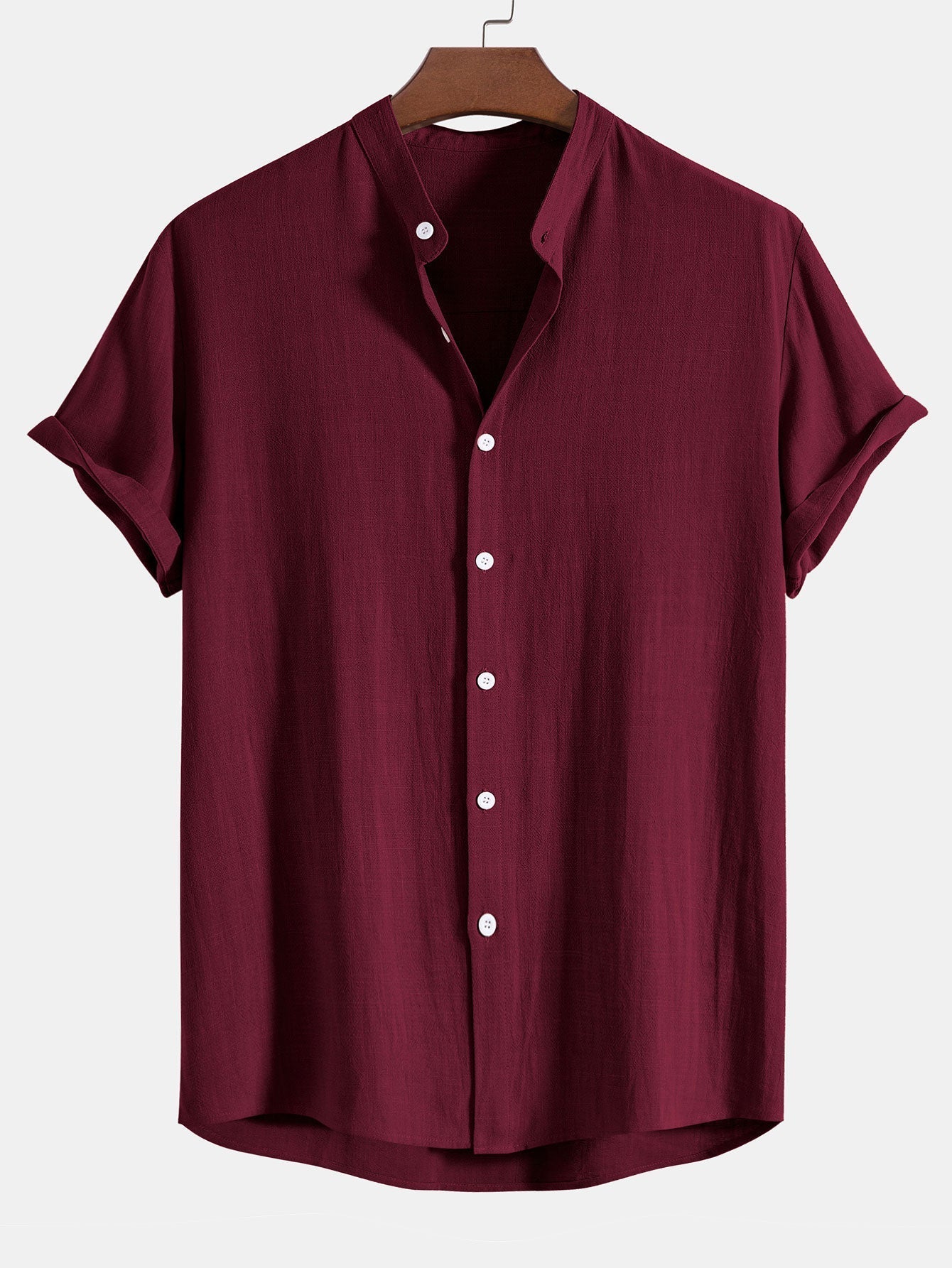 Men's Linen Blend Grandad Collar Short Sleeve Shirt