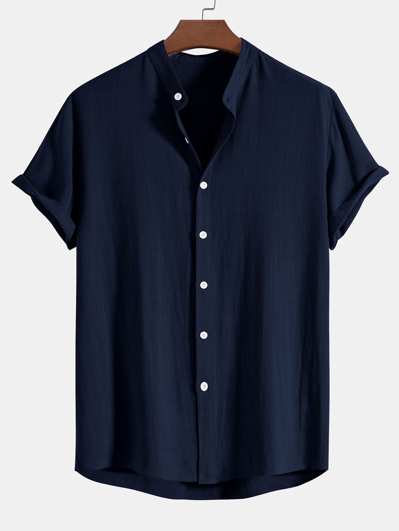 Men's Linen Blend Grandad Collar Short Sleeve Shirt