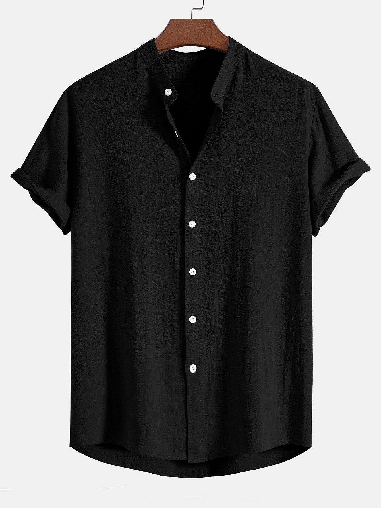 Men's Linen Blend Grandad Collar Short Sleeve Shirt