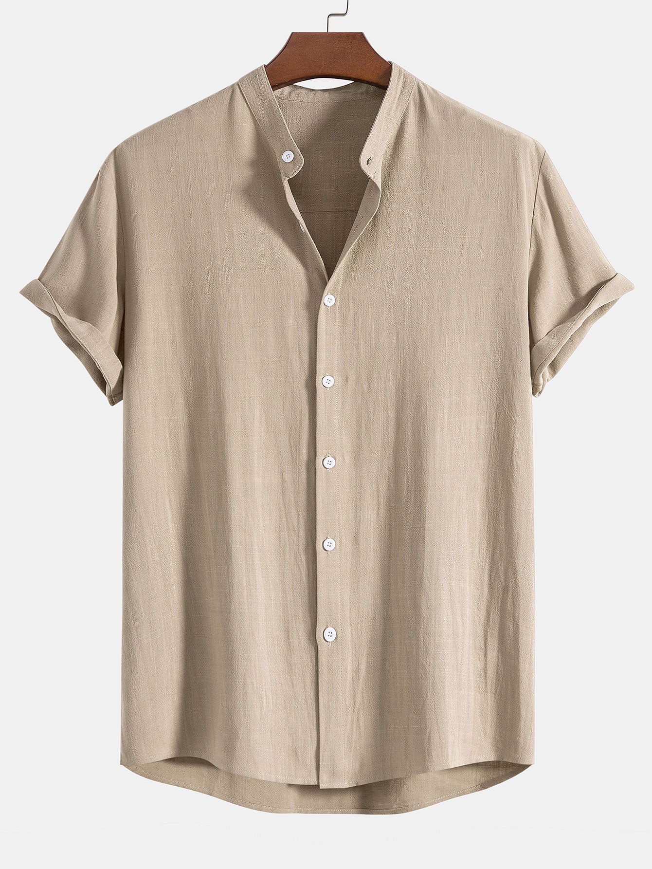 Men's Linen Blend Grandad Collar Short Sleeve Shirt