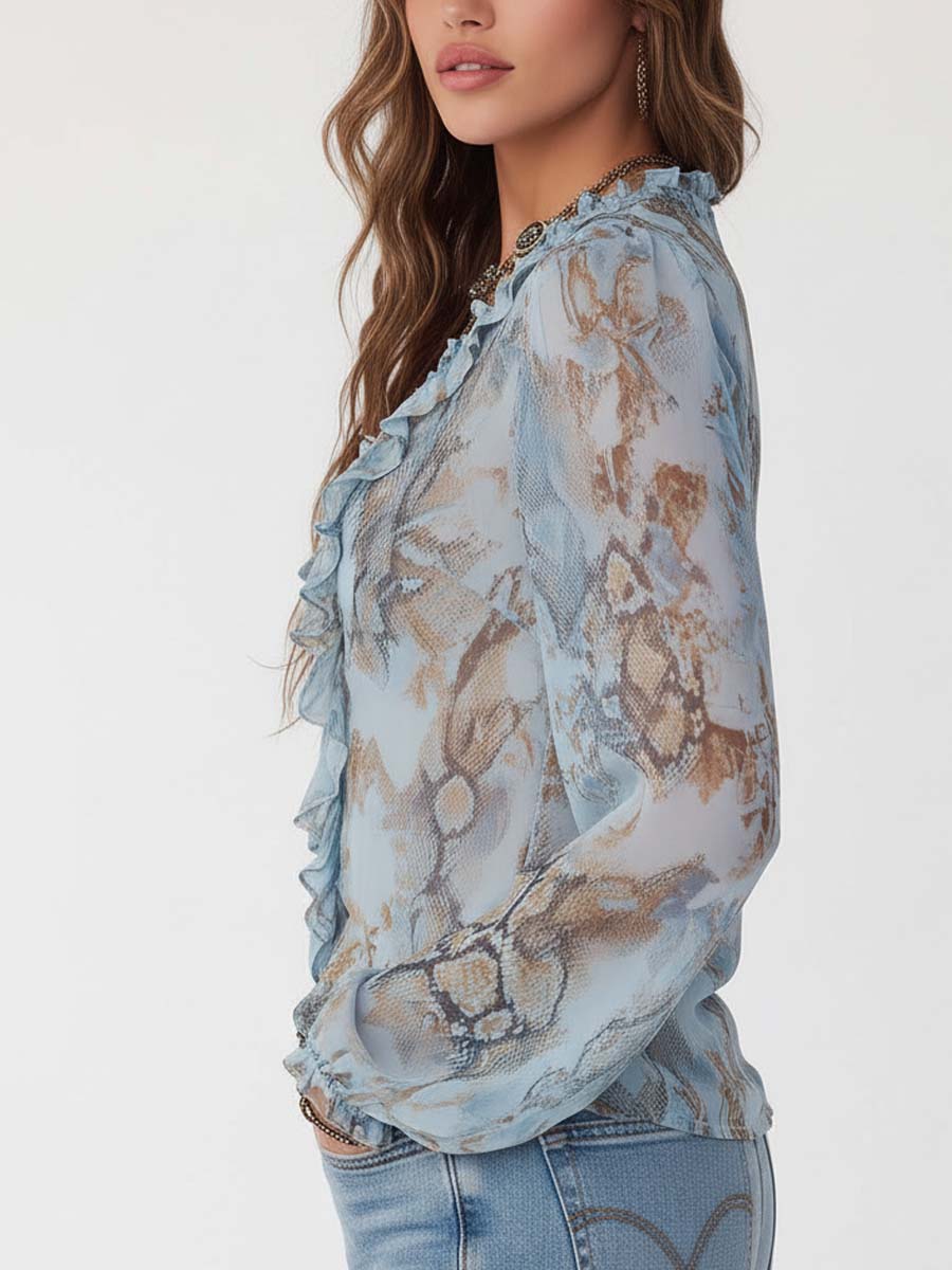 Women's Ruffle Print Chiffon Zip Blouse