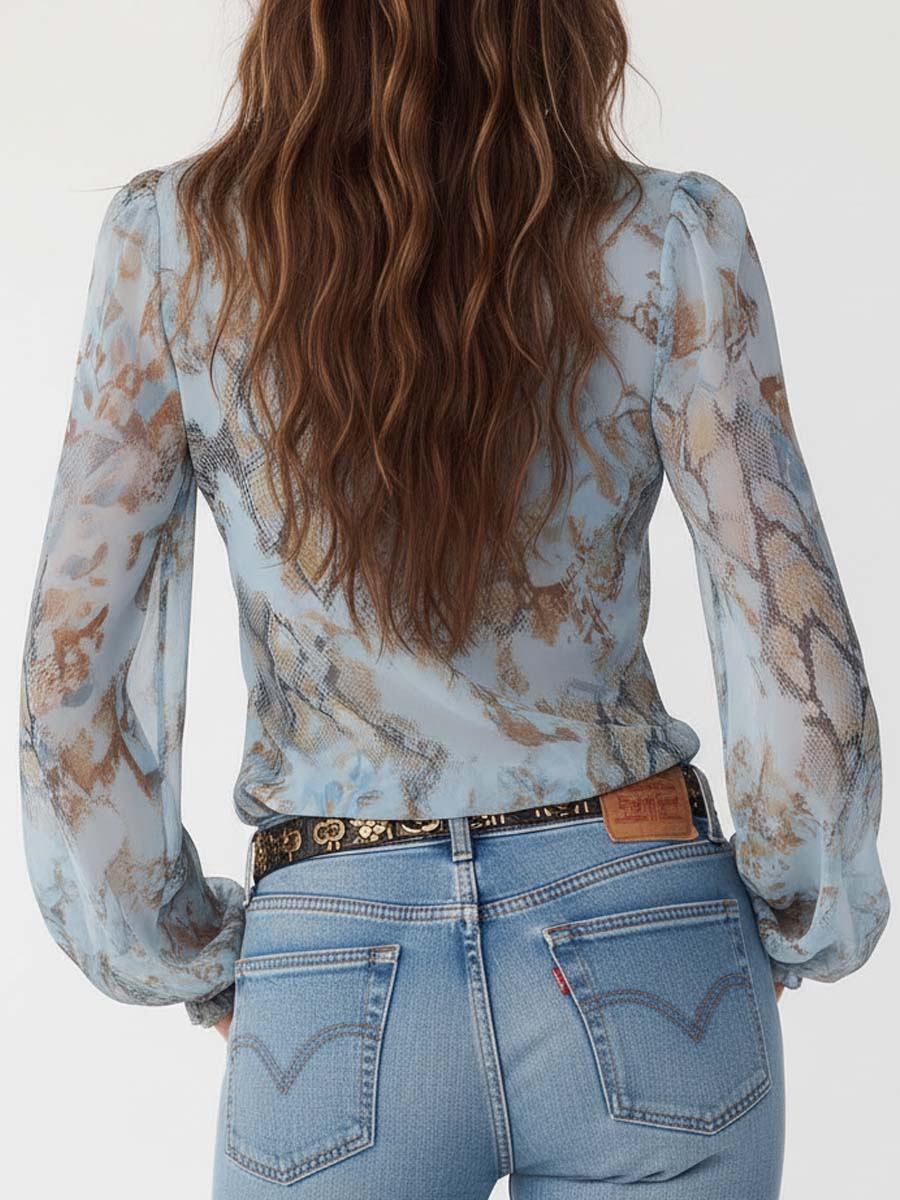 Women's Ruffle Print Chiffon Zip Blouse