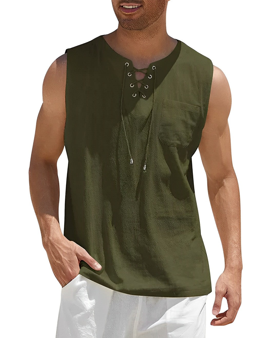 Lace-Up Tank Top with Chest Pocket