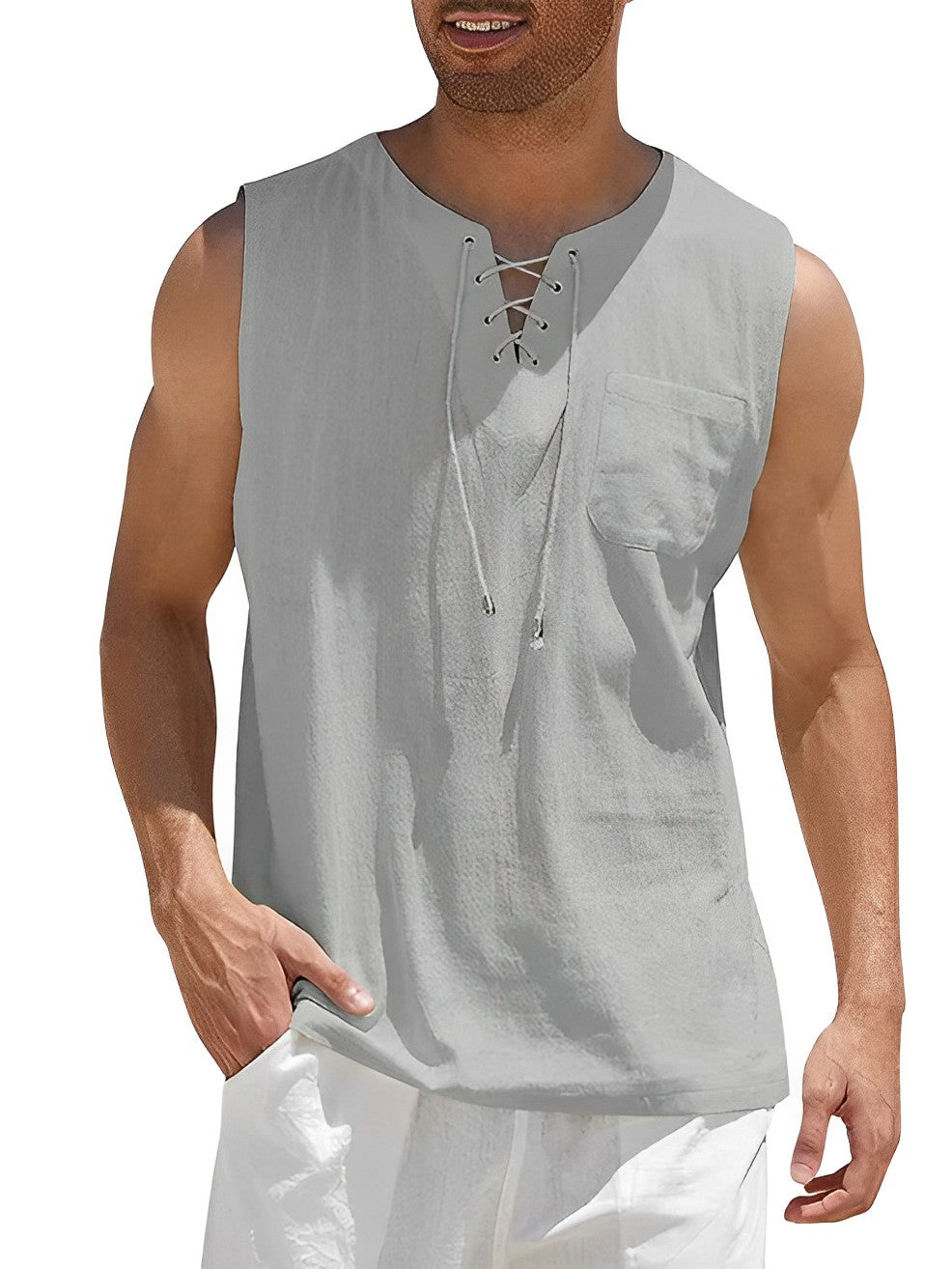 Lace-Up Tank Top with Chest Pocket