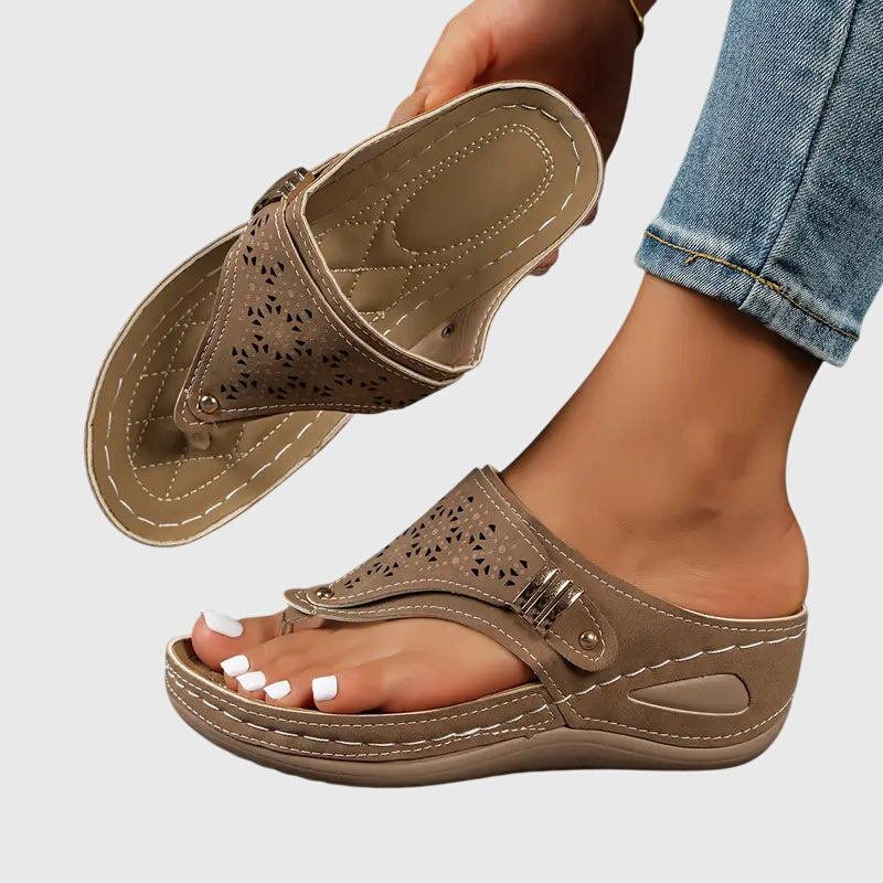 Toe-Post Wedge Sandals with Buckle Strap