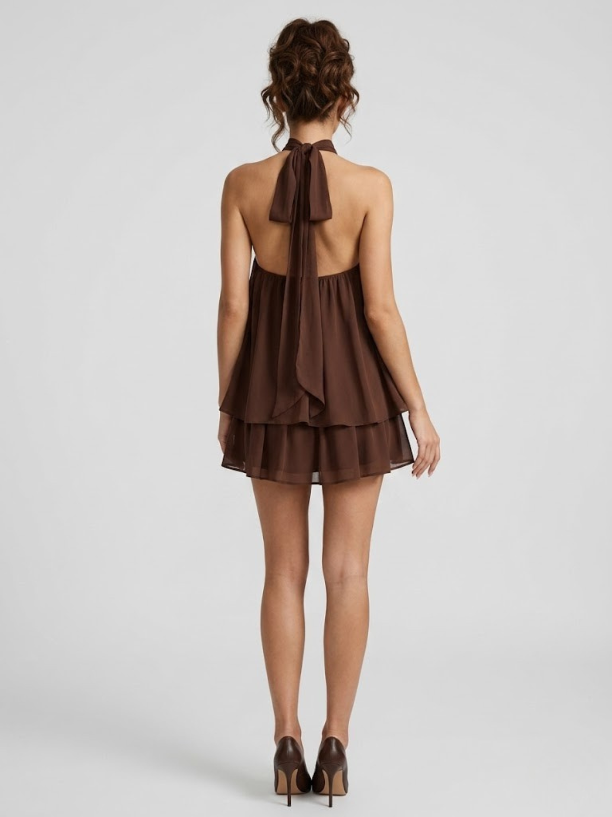 Halter Neck Chiffon Mini Dress with Tiered Hem