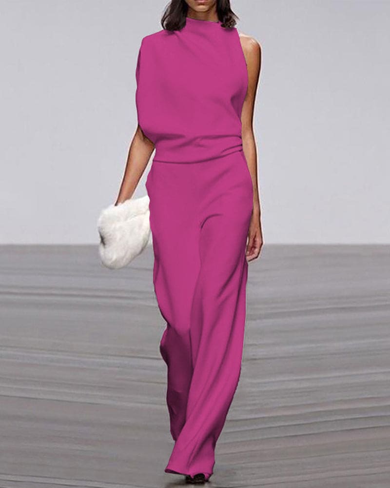 One-Shoulder Wide-Leg Jumpsuit with Draped Neckline
