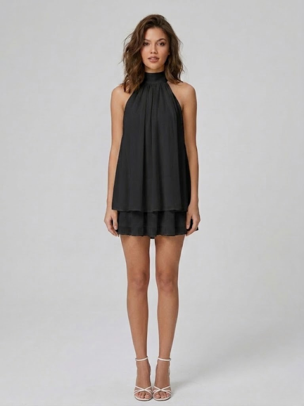 Halter Neck Chiffon Mini Dress with Tiered Hem