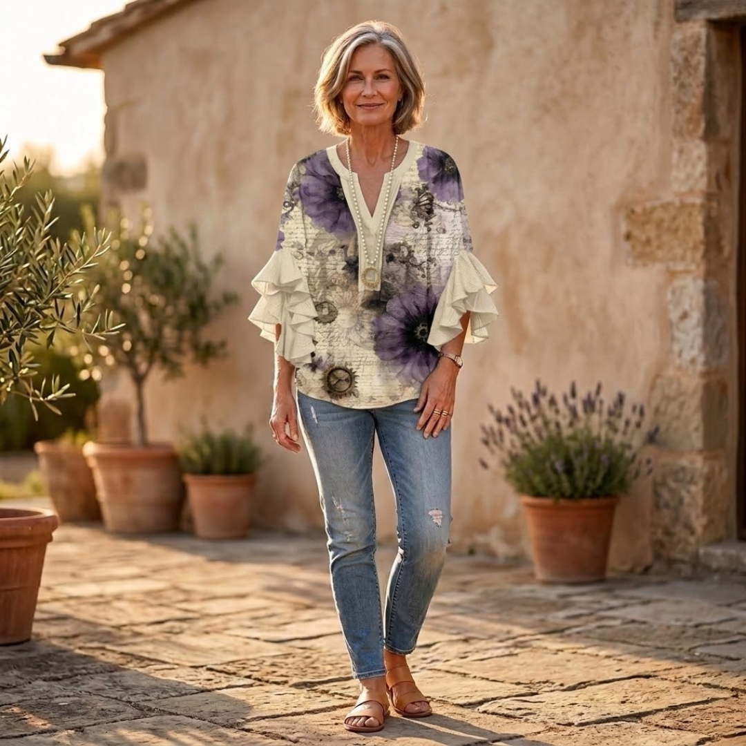 Ruffle-Sleeve Blouse with V-Neck Design