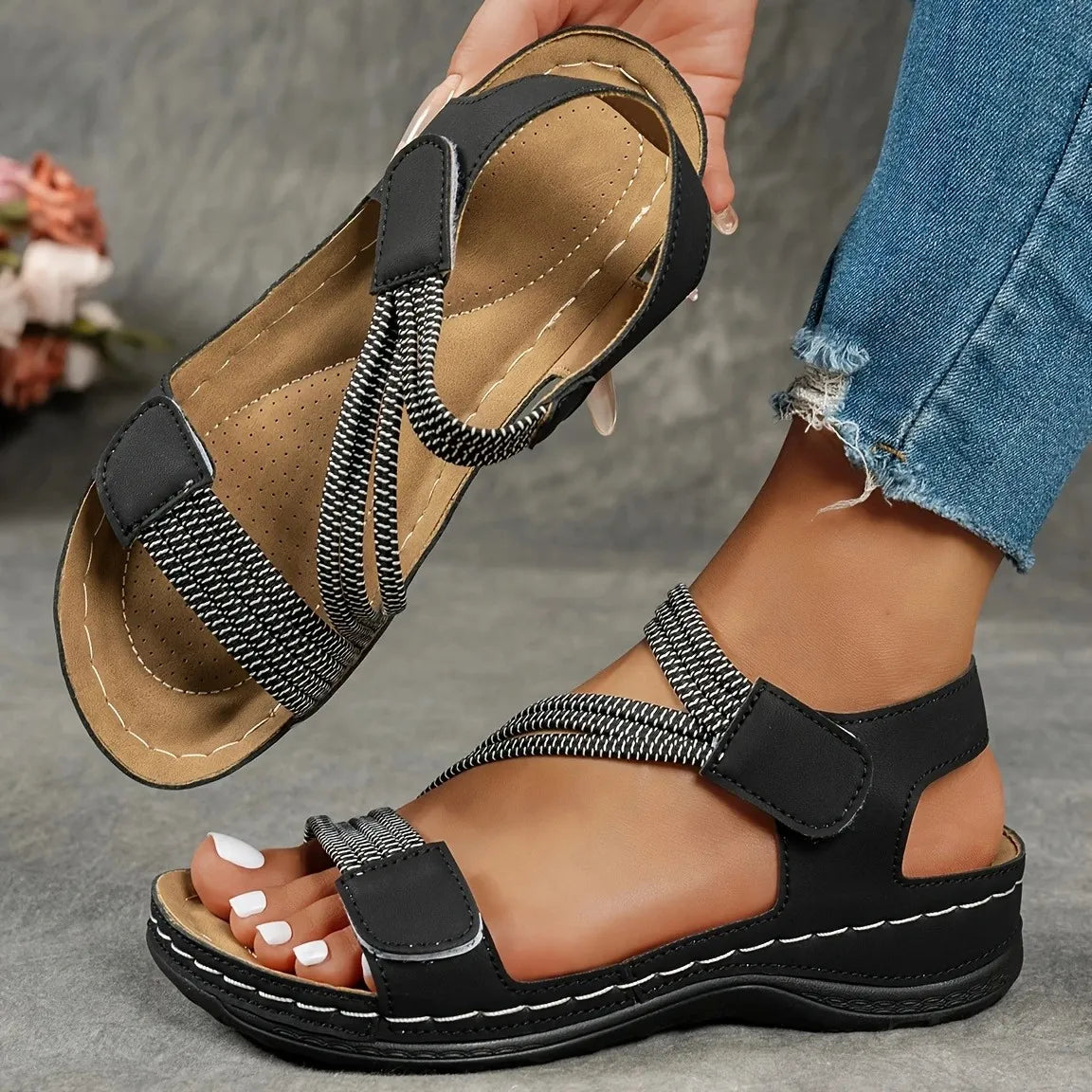 Women's Comfort Sandals in PU Leather with Adjustable Straps