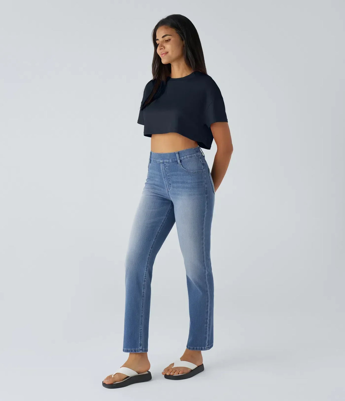 Jean droit avec ceinture élastique à enfiler