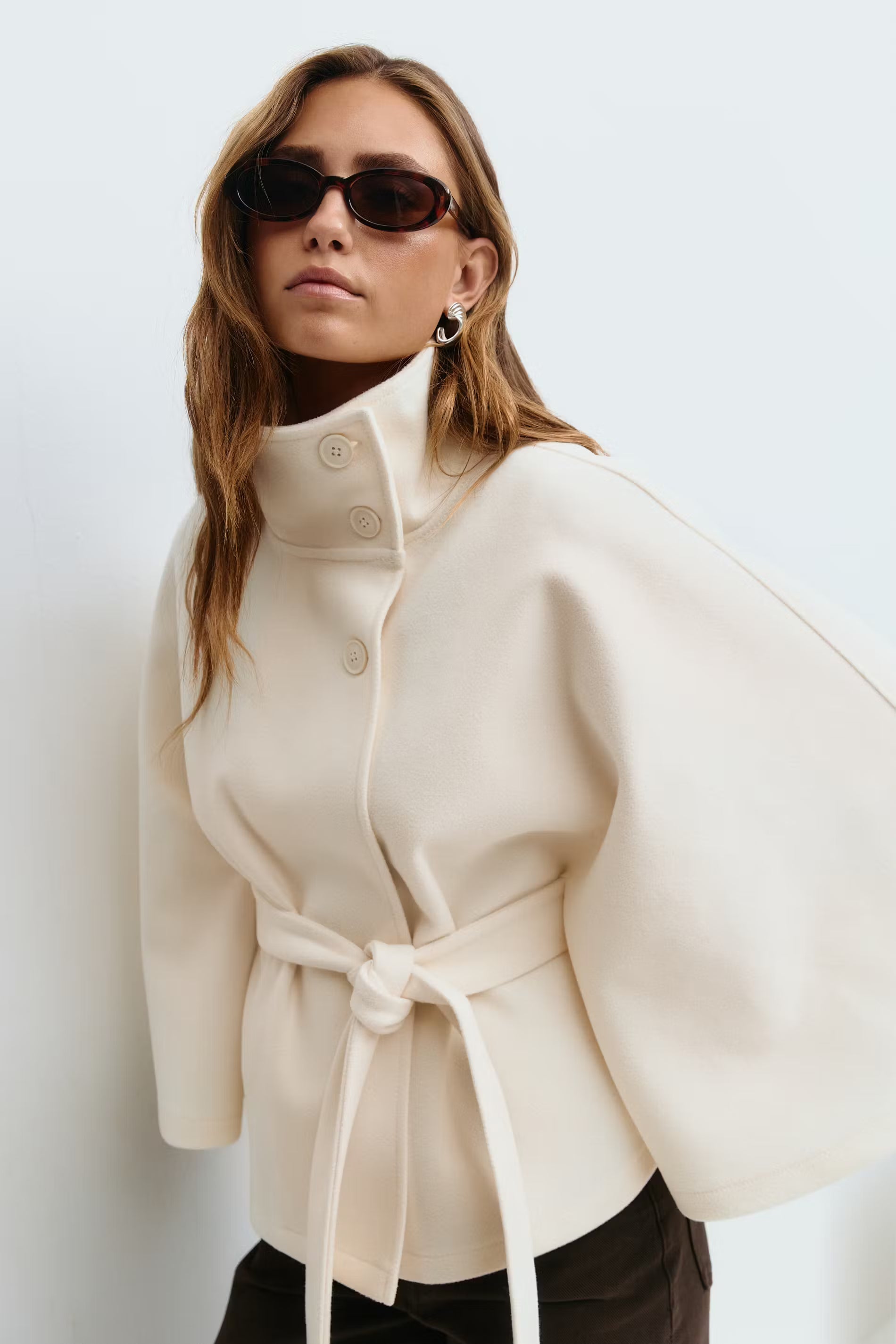 Women's Belted Cape Jacket with High Collar