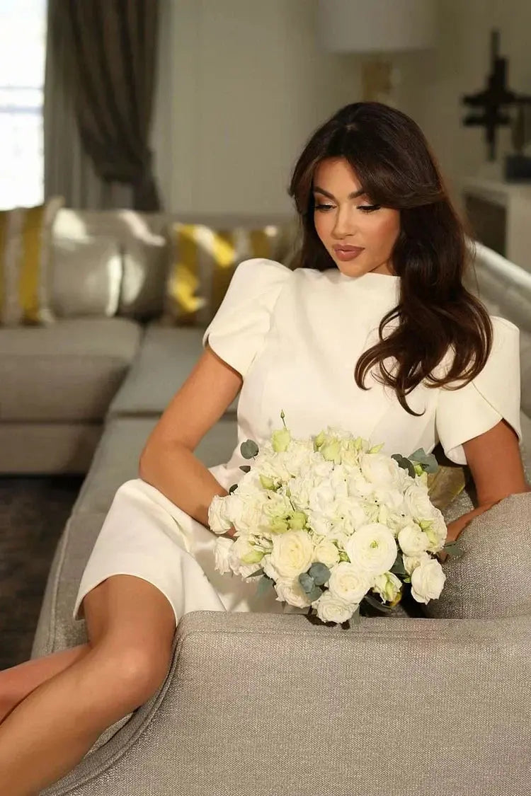 Structured Mini Dress with Puff Sleeves and Mock Neck