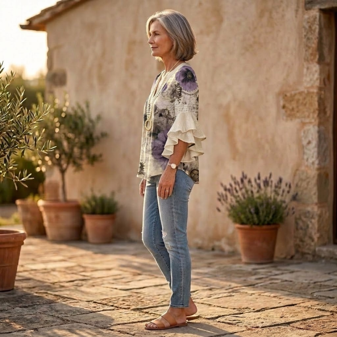 Ruffle-Sleeve Blouse with V-Neck Design