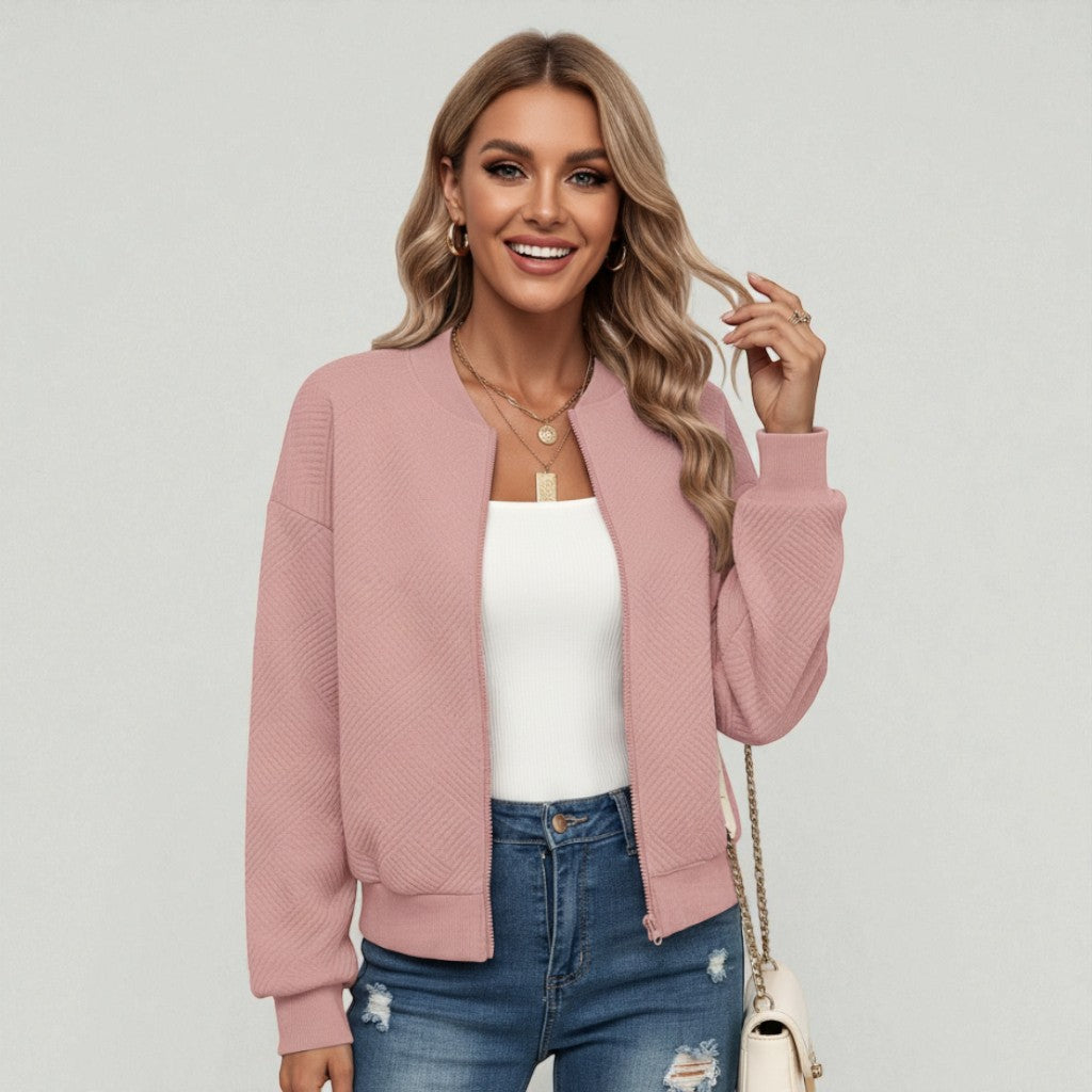 Quilted Bomber Jacket with Zip Front and Ribbed Hem