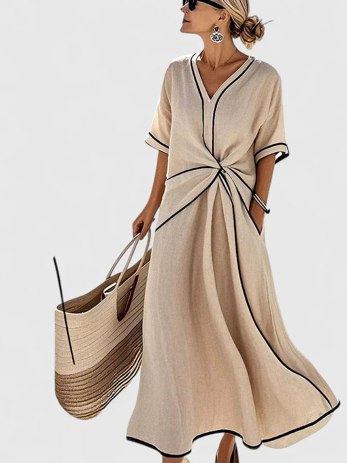 Twist-Front Maxi Dress with Contrast Piping
