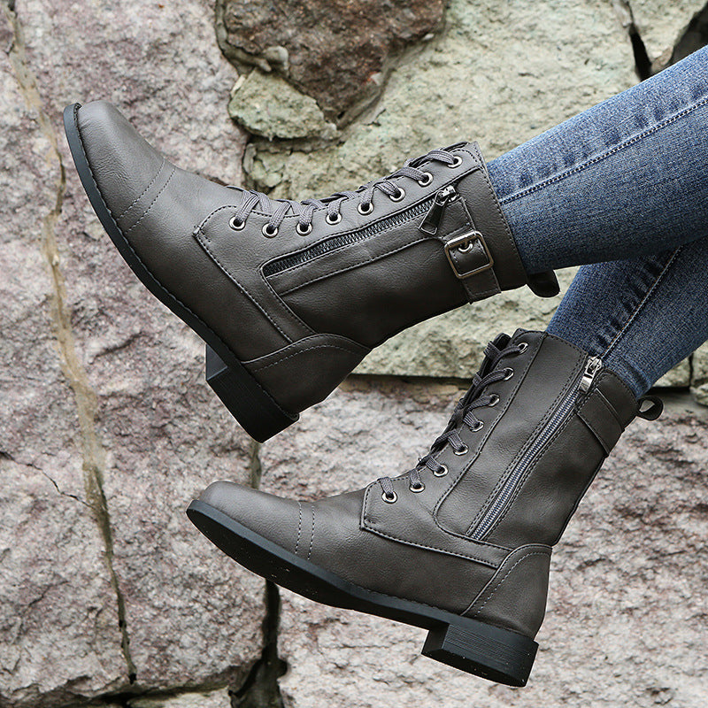 Bottines montantes pour femmes à lacets, fermeture éclair latérale et boucle