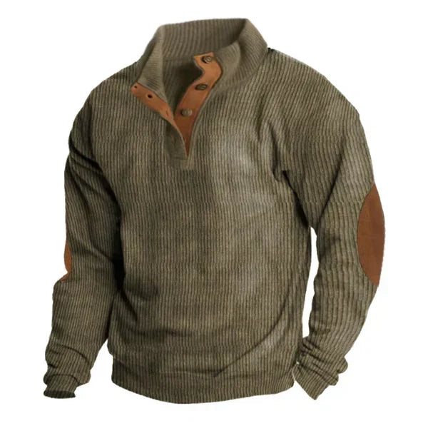 Men's Ribbed Stand Collar Sweatshirt with Contrast Patches
