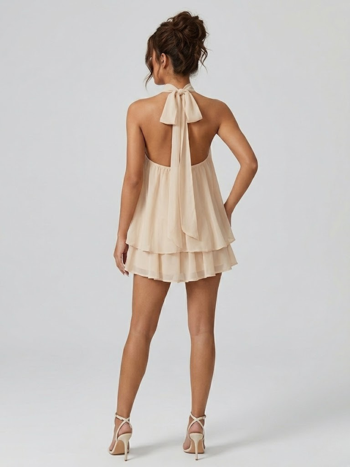 Halter Neck Chiffon Mini Dress with Tiered Hem